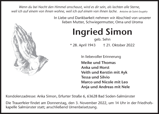 Traueranzeige von Ingried Simon von FZ