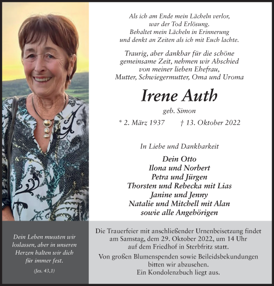 Traueranzeige von Irene Auth von FZ