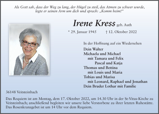 Traueranzeige von Irene Kress von FZ