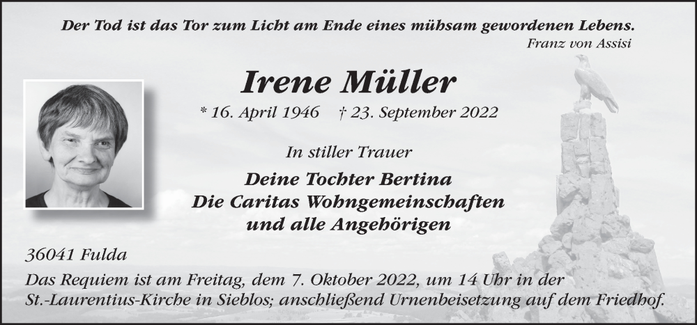  Traueranzeige für Irene Müller vom 05.10.2022 aus FZ