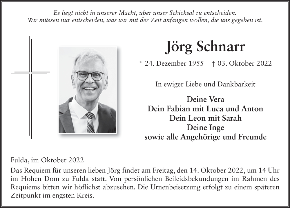  Traueranzeige für Jörg Schnarr vom 12.10.2022 aus FZ
