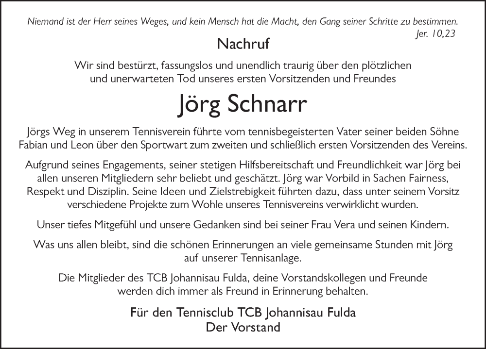  Traueranzeige für Jörg Schnarr vom 14.10.2022 aus FZ