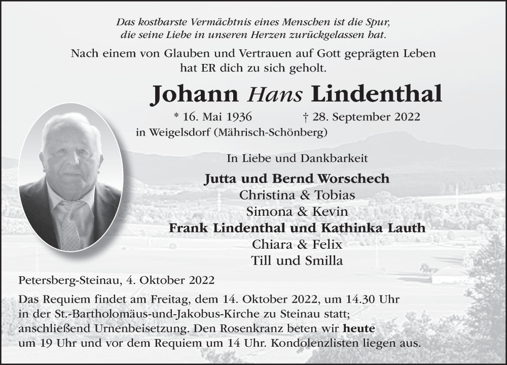  Traueranzeige für Johann Lindenthal vom 04.10.2022 aus FZ