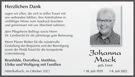 Traueranzeige von Johanna Mack von FZ