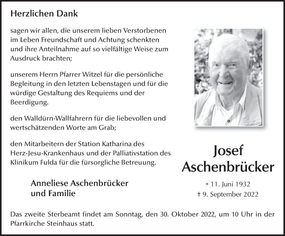  Traueranzeige für Josef Aschenbrücker vom 21.10.2022 aus FZ