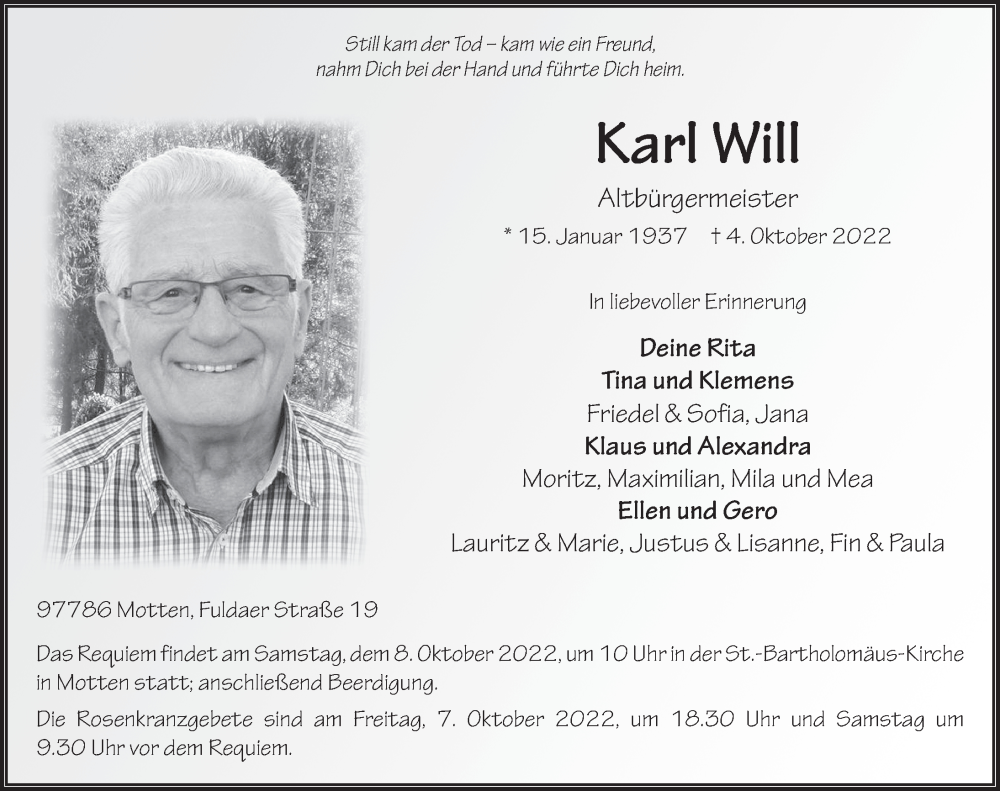  Traueranzeige für Karl Will vom 06.10.2022 aus FZ