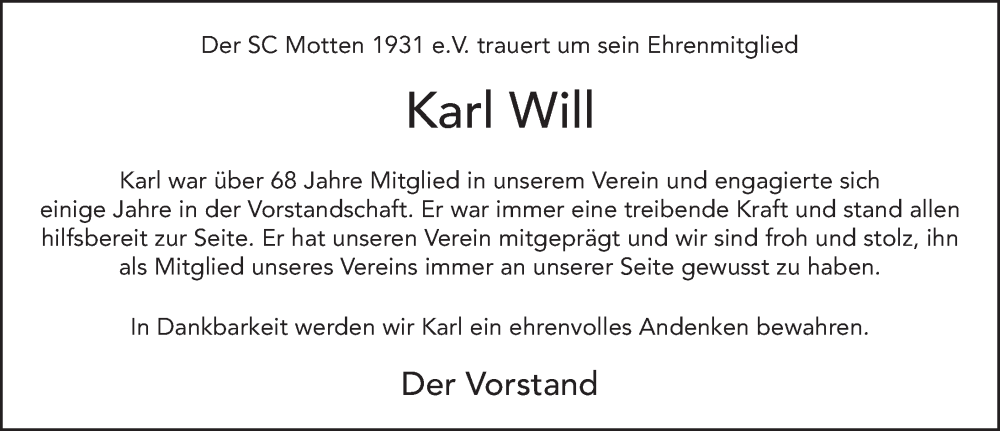  Traueranzeige für Karl Will vom 06.10.2022 aus FZ
