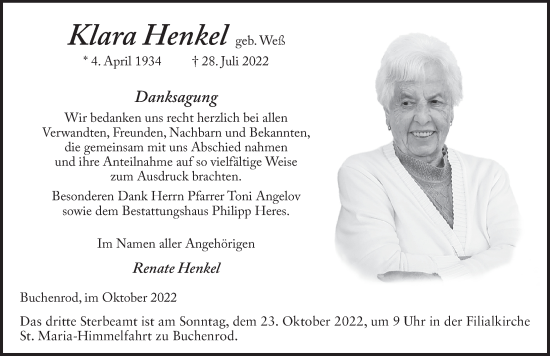 Traueranzeige von Klara Henkel von FZ