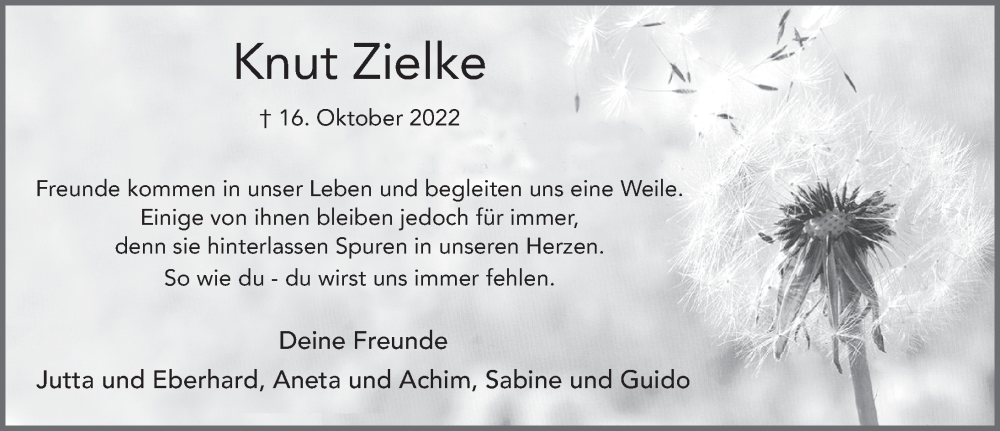  Traueranzeige für Knut Zielke vom 27.10.2022 aus FZ