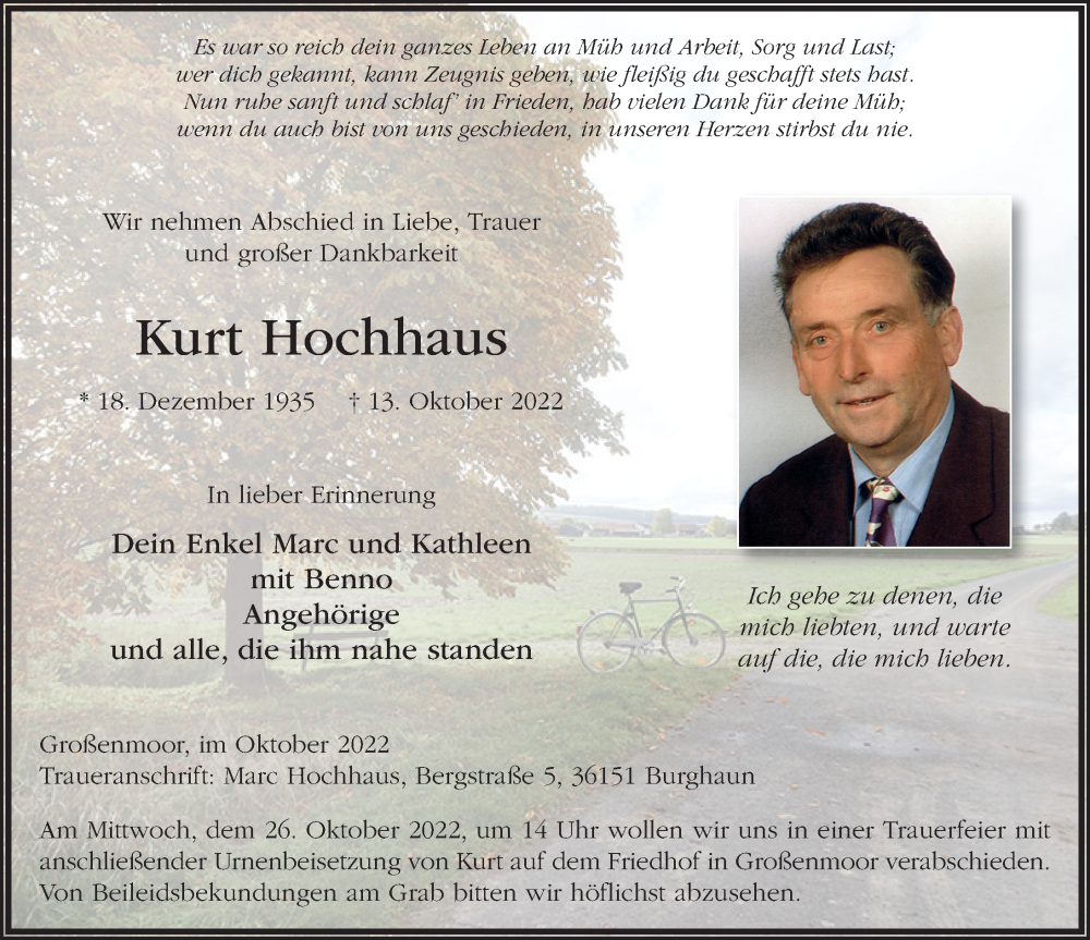  Traueranzeige für Kurt Hochhaus vom 22.10.2022 aus FZ