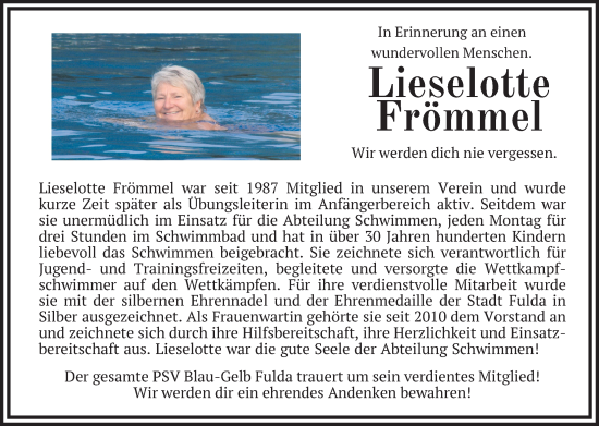 Traueranzeige von Lieselotte Frömmel von FZ