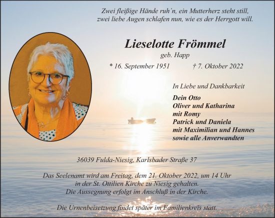Traueranzeige von Lieselotte Frömmel von FZ