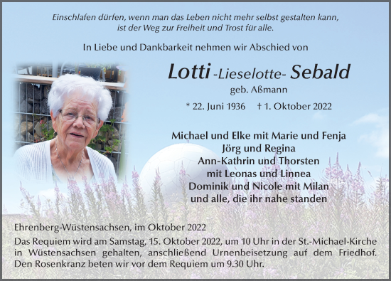 Traueranzeige von Lieselotte Sebald von FZ