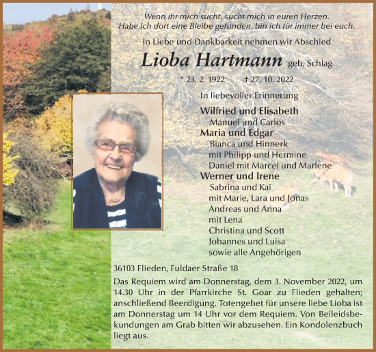 Traueranzeige von Lioba Hartmann von FZ
