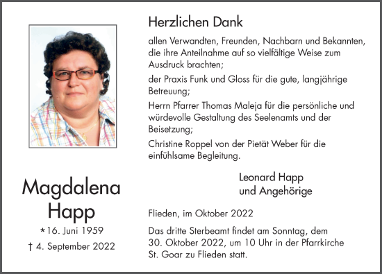 Traueranzeige von Magdalena Happ von FZ