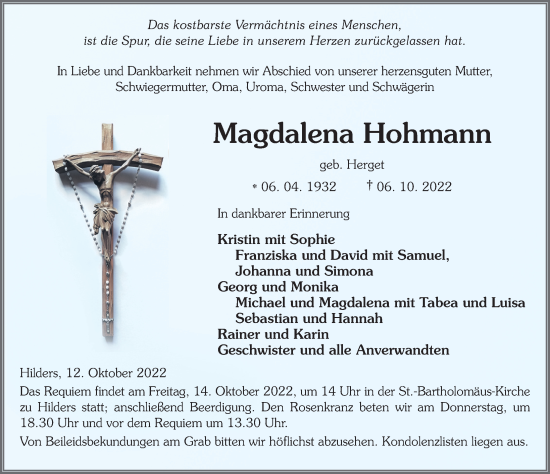 Traueranzeige von Magdalena Hohmann von FZ