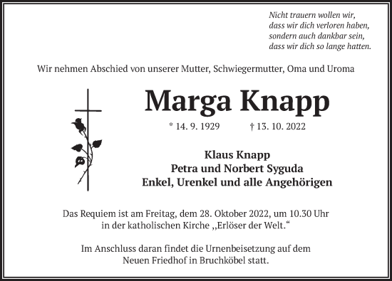 Traueranzeige von Marga Knapp von FZ