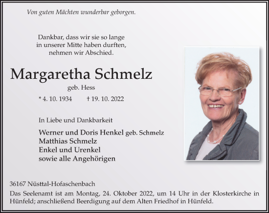Traueranzeige von Margaretha Schmelz von FZ