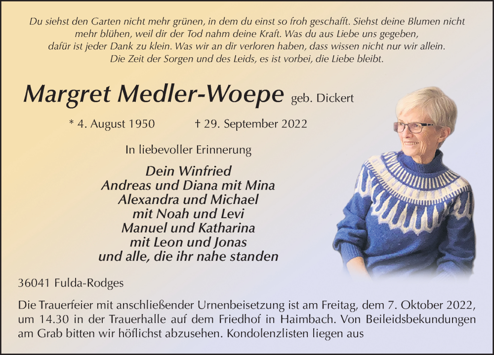  Traueranzeige für Margret Medler-Woepe vom 05.10.2022 aus FZ