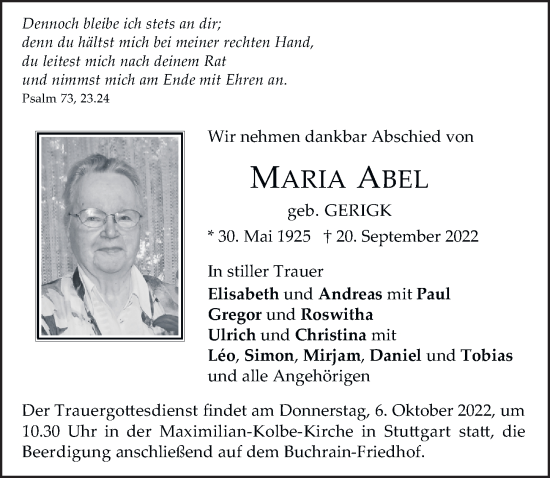Traueranzeige von Maria Abel von FZ