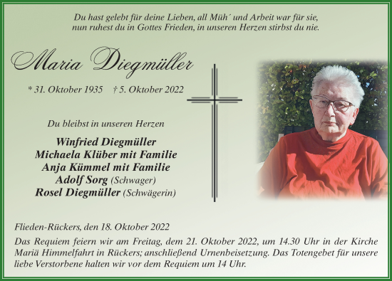 Traueranzeige von Maria Diegmüller von FZ