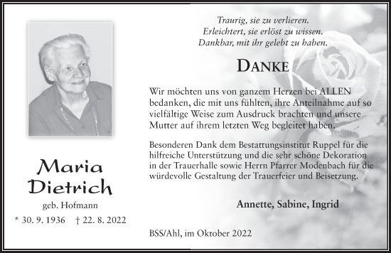 Traueranzeige von Maria Dietrich von FZ