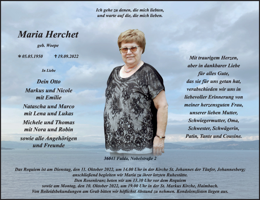  Traueranzeige für Maria Herchet vom 08.10.2022 aus FZ