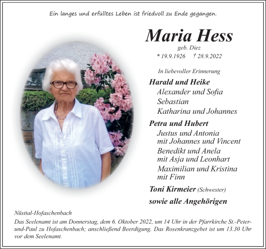 Traueranzeige von Maria Hess von FZ