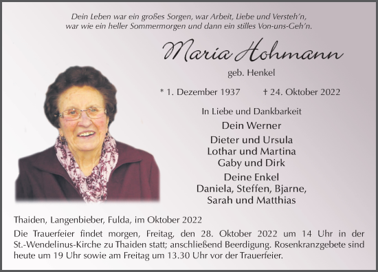 Traueranzeige von Maria Hohmann von FZ