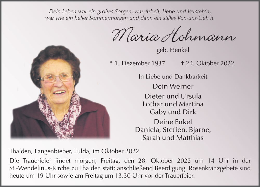  Traueranzeige für Maria Hohmann vom 27.10.2022 aus FZ
