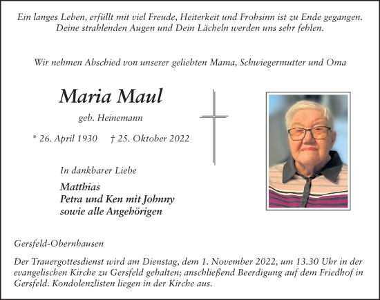 Traueranzeige von Maria Maul von FZ