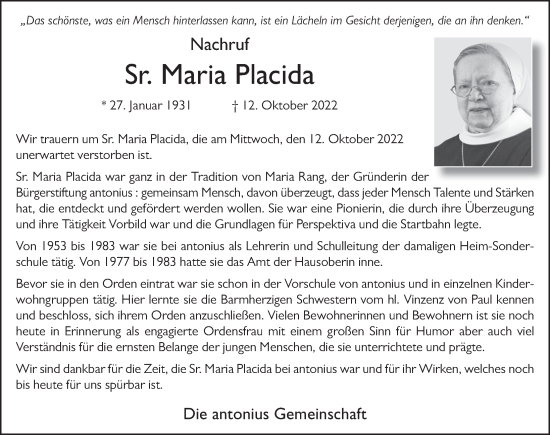 Traueranzeige von Maria Placida von FZ