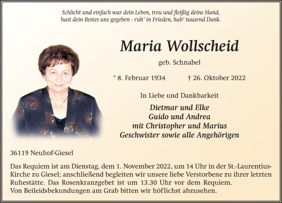 Traueranzeige von Maria Wollscheid von FZ
