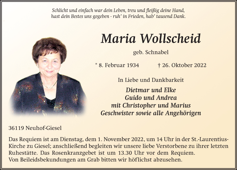  Traueranzeige für Maria Wollscheid vom 29.10.2022 aus FZ