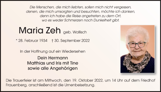 Traueranzeige von Maria Zeh von FZ