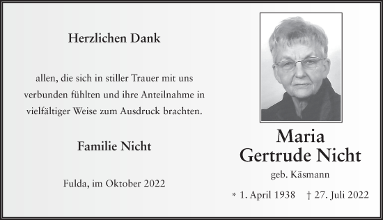 Traueranzeige von Maria Gertrude Nicht von FZ