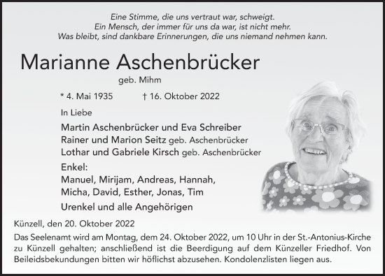 Traueranzeige von Marianne Aschenbrücker von FZ