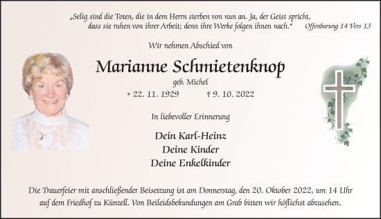 Traueranzeige von Marianne Schmietenknop von FZ