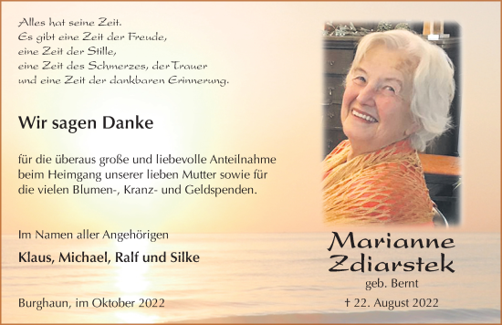 Traueranzeige von Marianne Zdiarstek von FZ