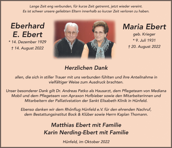 Traueranzeige von Maria und Eberhard E. Ebert von FZ