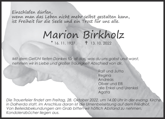 Traueranzeige von Marion Birkholz von FZ