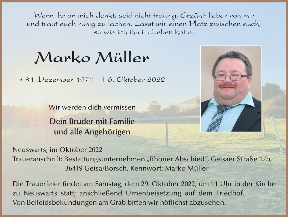  Traueranzeige für Marko Müller vom 26.10.2022 aus FZ