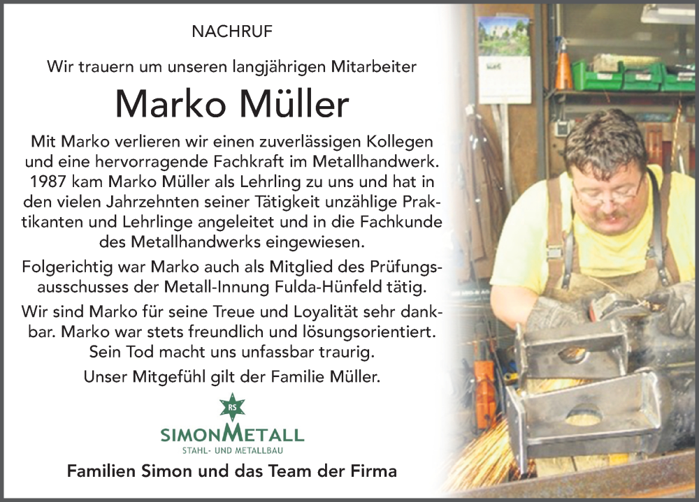  Traueranzeige für Marko Müller vom 26.10.2022 aus FZ