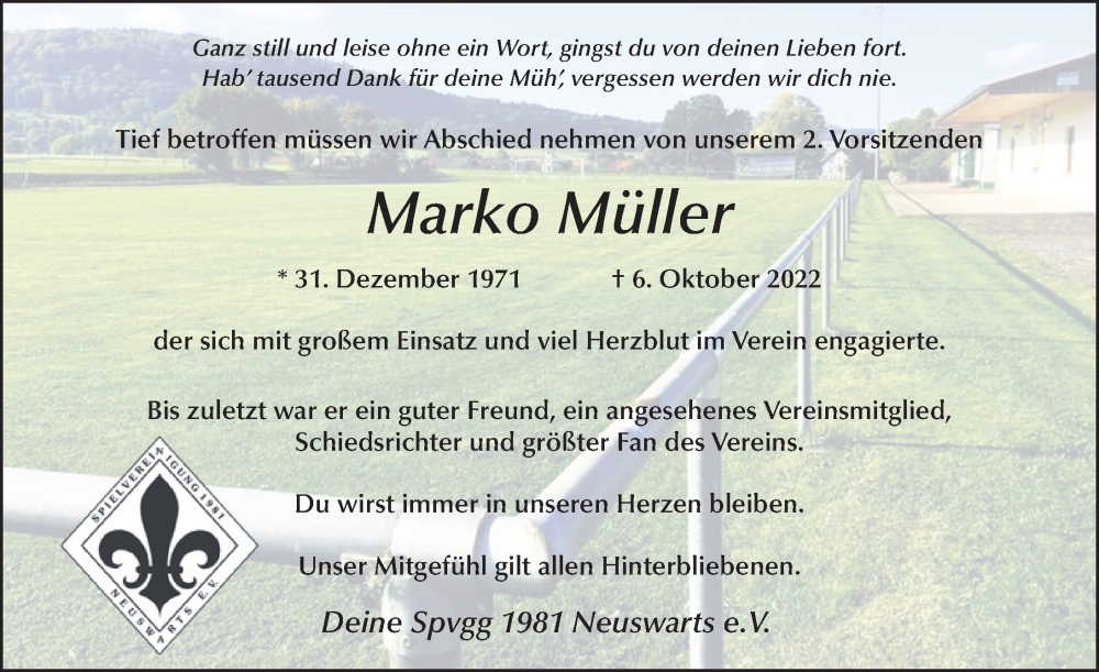  Traueranzeige für Marko Müller vom 26.10.2022 aus FZ