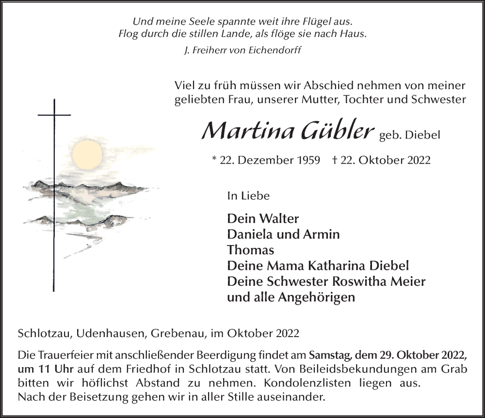  Traueranzeige für Martina Gübler vom 26.10.2022 aus FZ