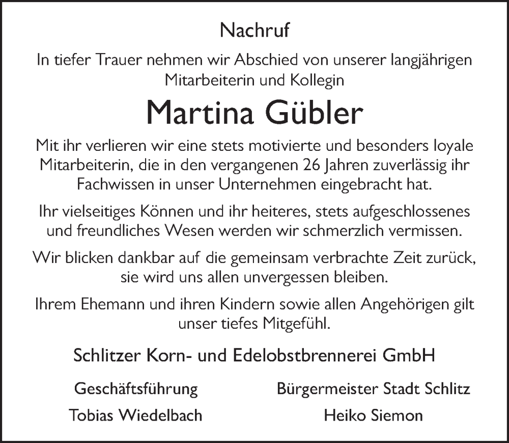  Traueranzeige für Martina Gübler vom 26.10.2022 aus FZ