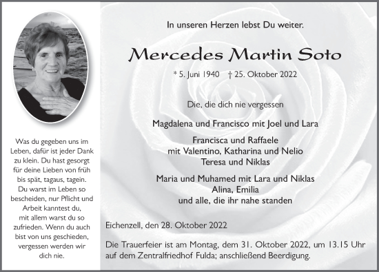 Traueranzeige von Mercedes Martin Soto von FZ