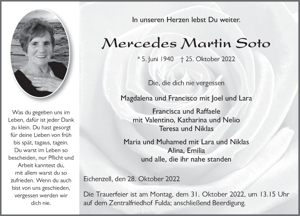  Traueranzeige für Mercedes Martin Soto vom 28.10.2022 aus FZ