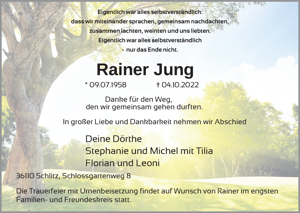  Traueranzeige für Rainer Jung vom 08.10.2022 aus FZ