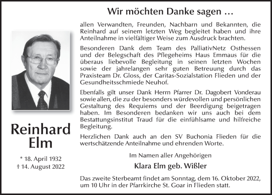 Traueranzeige von Reinhard Elm von FZ